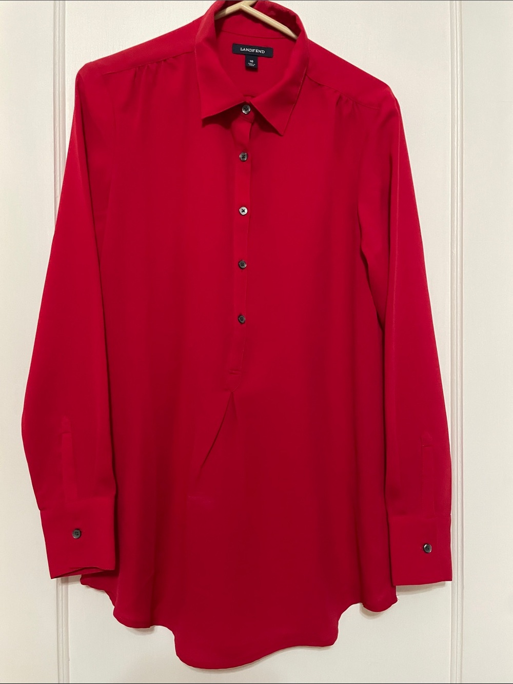 Lands' End Women's Red Long-Sleeve Button-Front Tunic Shirt